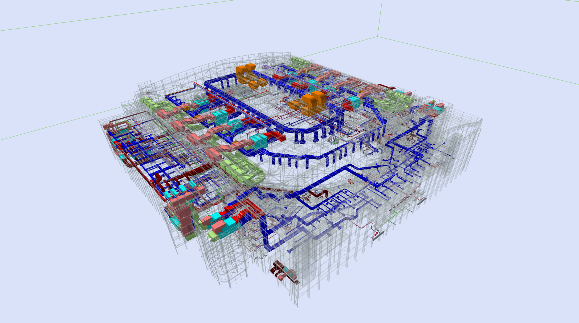 Colour-coded arena building-services model showing air-handling equipment and ductwork within the structural framework