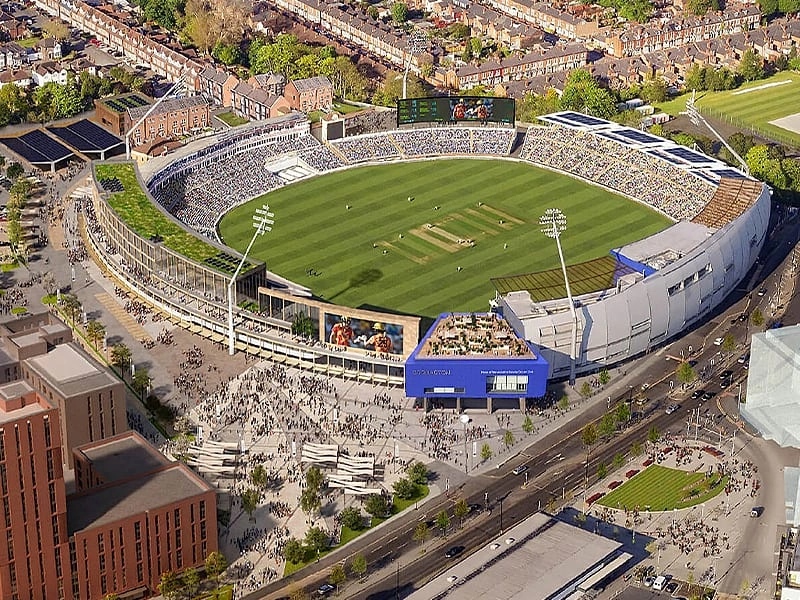 Aerial concept visualisation of Edgbaston Stadium and its proposed hotel and stand development