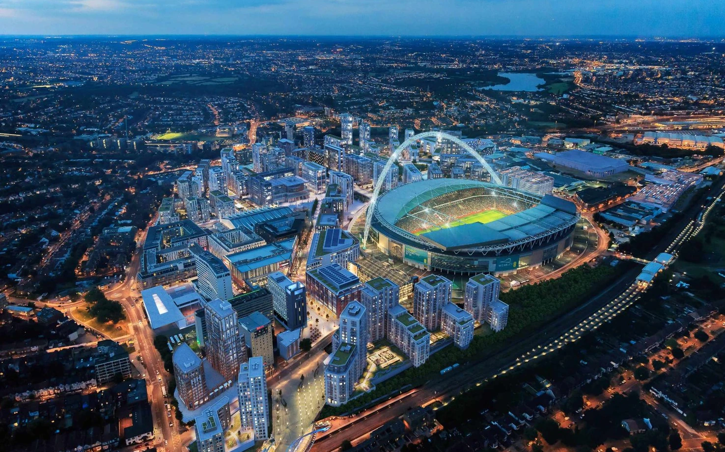 Wembley Stadium and Wembley Park at dusk