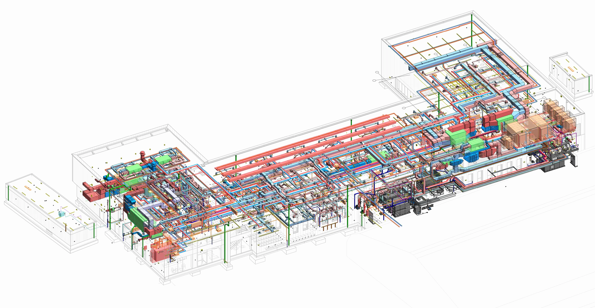 Colour-coded mechanical, electrical and public health services coordinated through the Ipswich Town FC first-team building