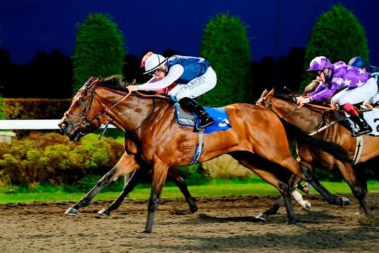 Two jockeys riding racehorses on an illuminated course after dark