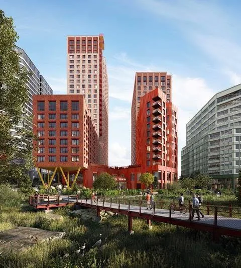 Architectural visualisation of residential towers and a footbridge over a landscaped stream
