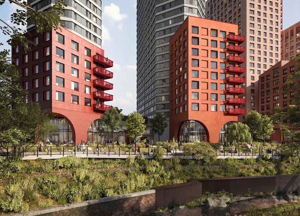 Architectural visualisation of red residential towers above landscaped paths and a river