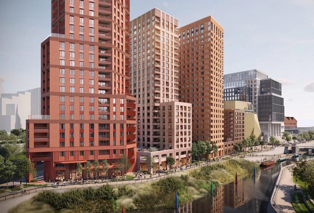 Architectural visualisation of brick towers beside a canal and landscaped waterfront paths