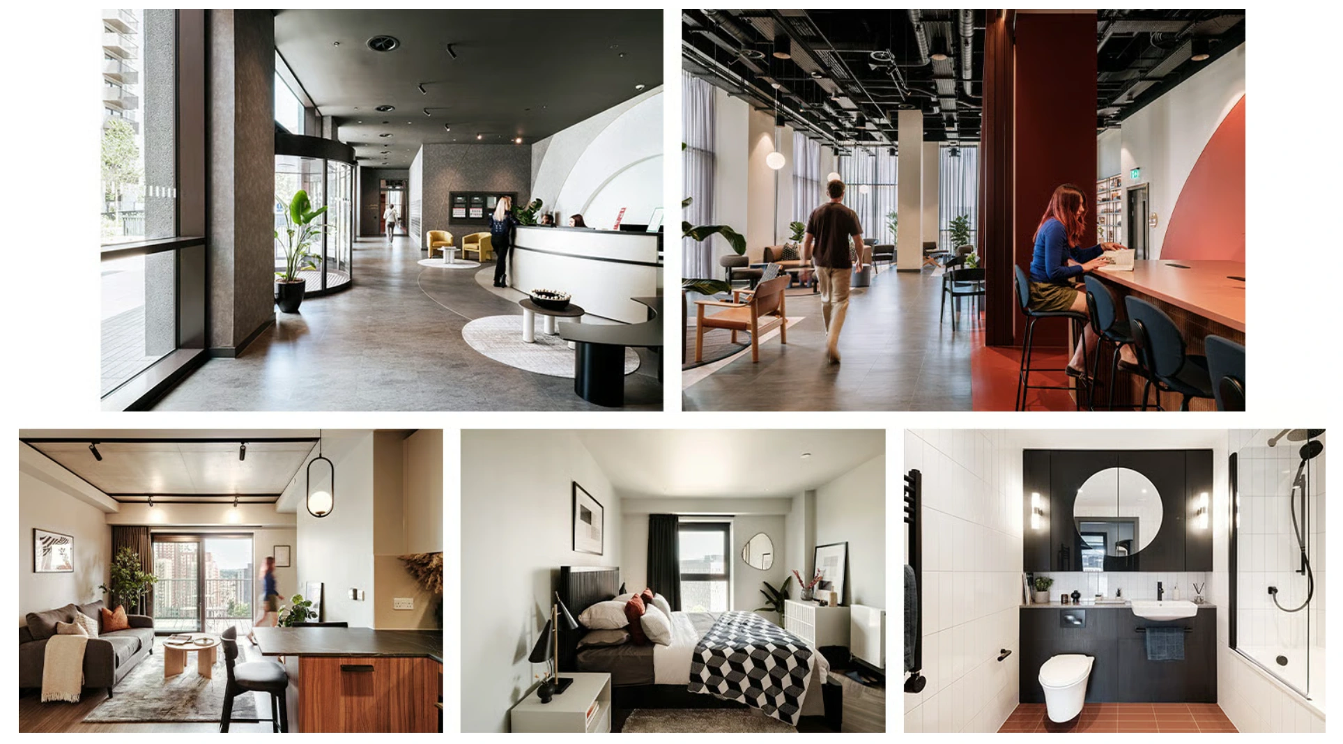 Composite photographs of Solar (NE02) reception, communal areas, living room, bedroom and bathroom