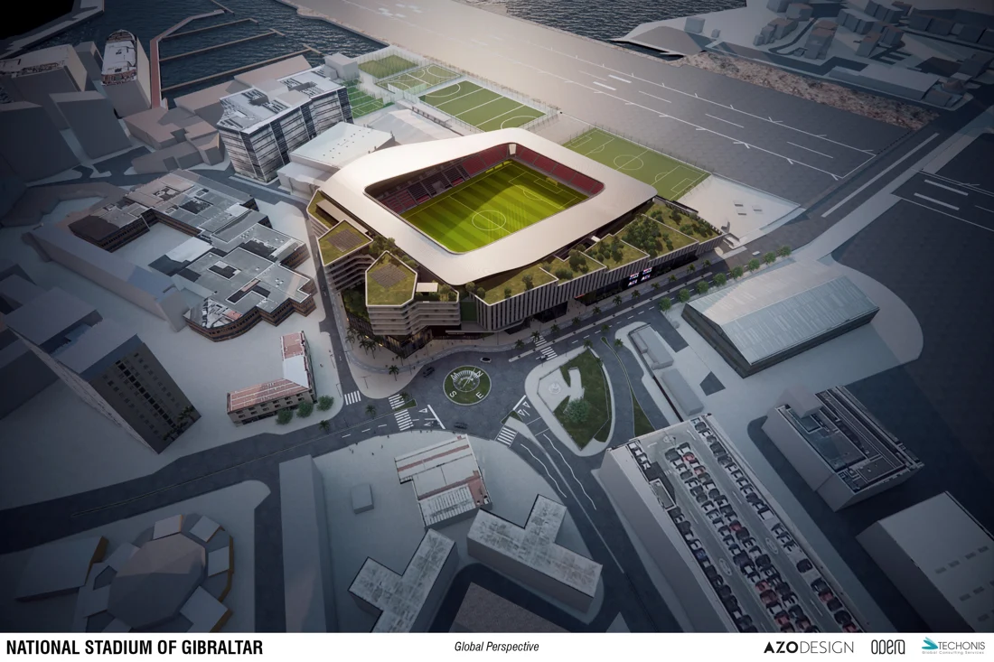 An aerial concept rendering of Gibraltar’s national football stadium and associated development beside the airport runway.