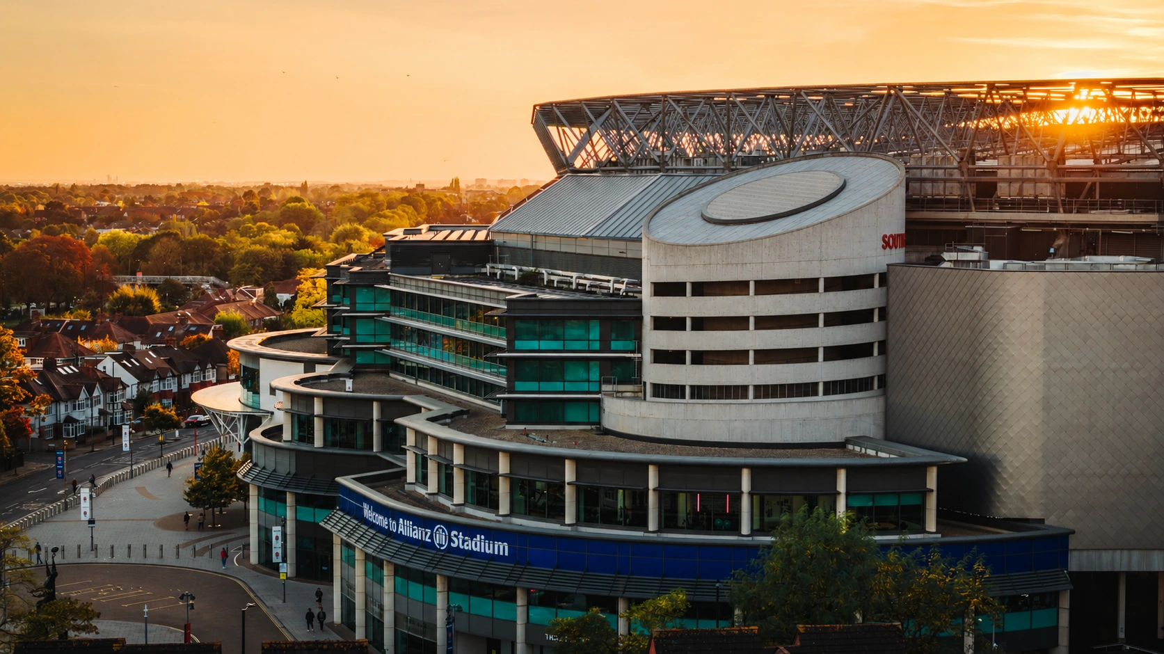 Allianz Stadium’s South Stand and surrounding neighbourhood at sunset