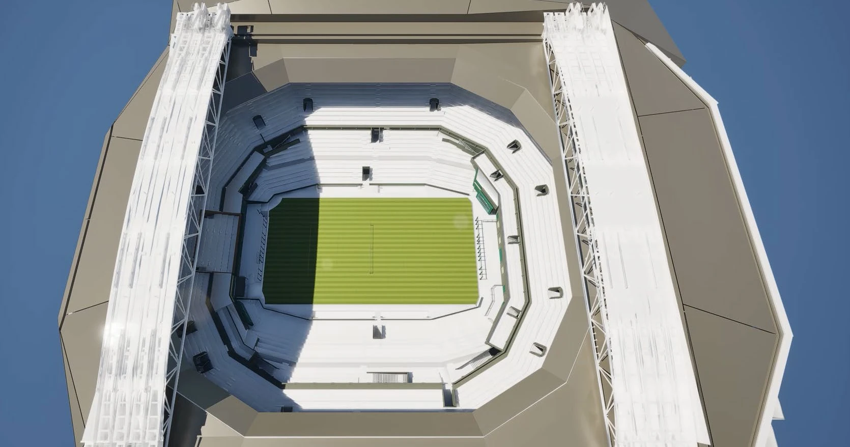Overhead Centre Court model showing the roof geometry and its shadow across the court