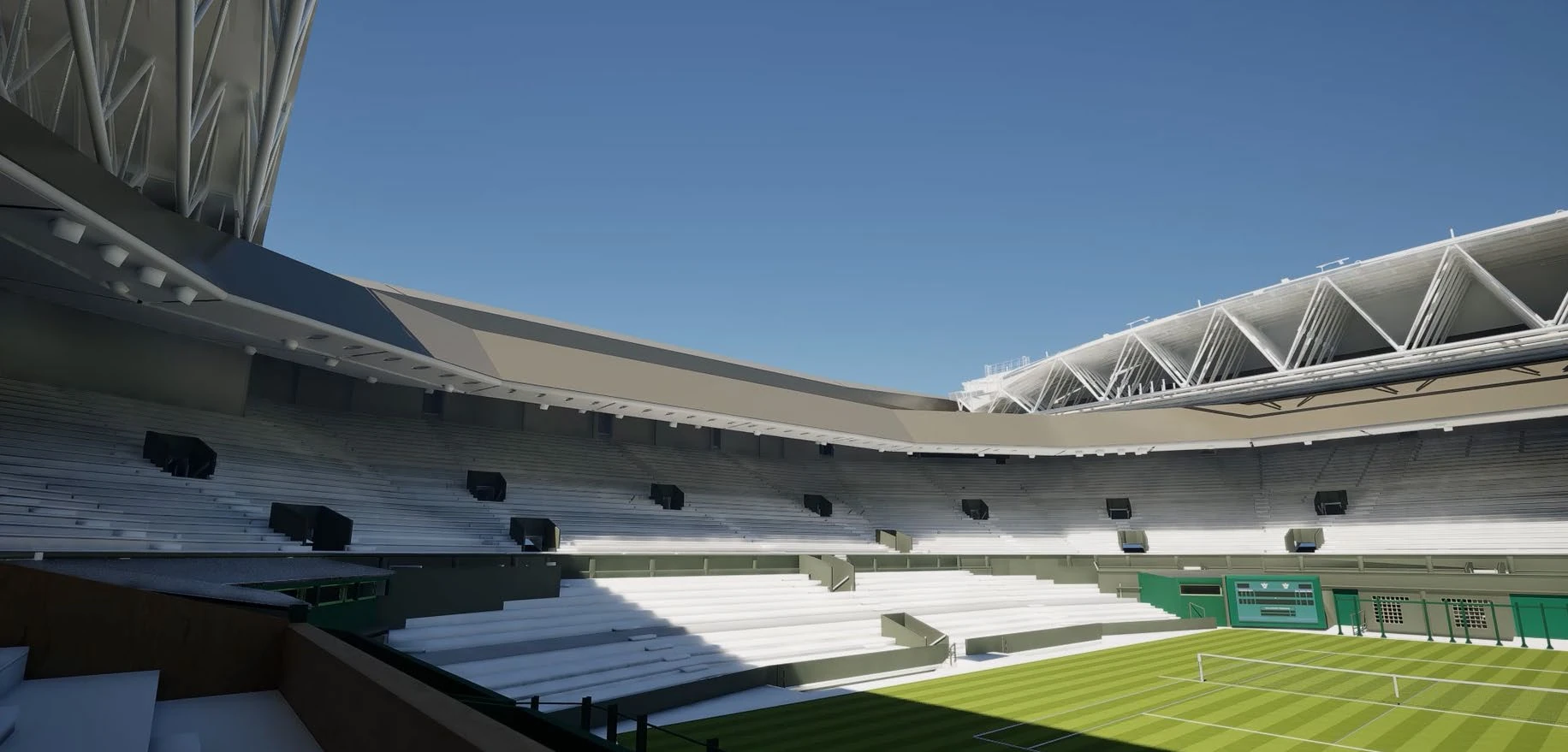 Centre Court solar-shading model viewed from the Royal Box, showing roof geometry and shadows across the tennis court